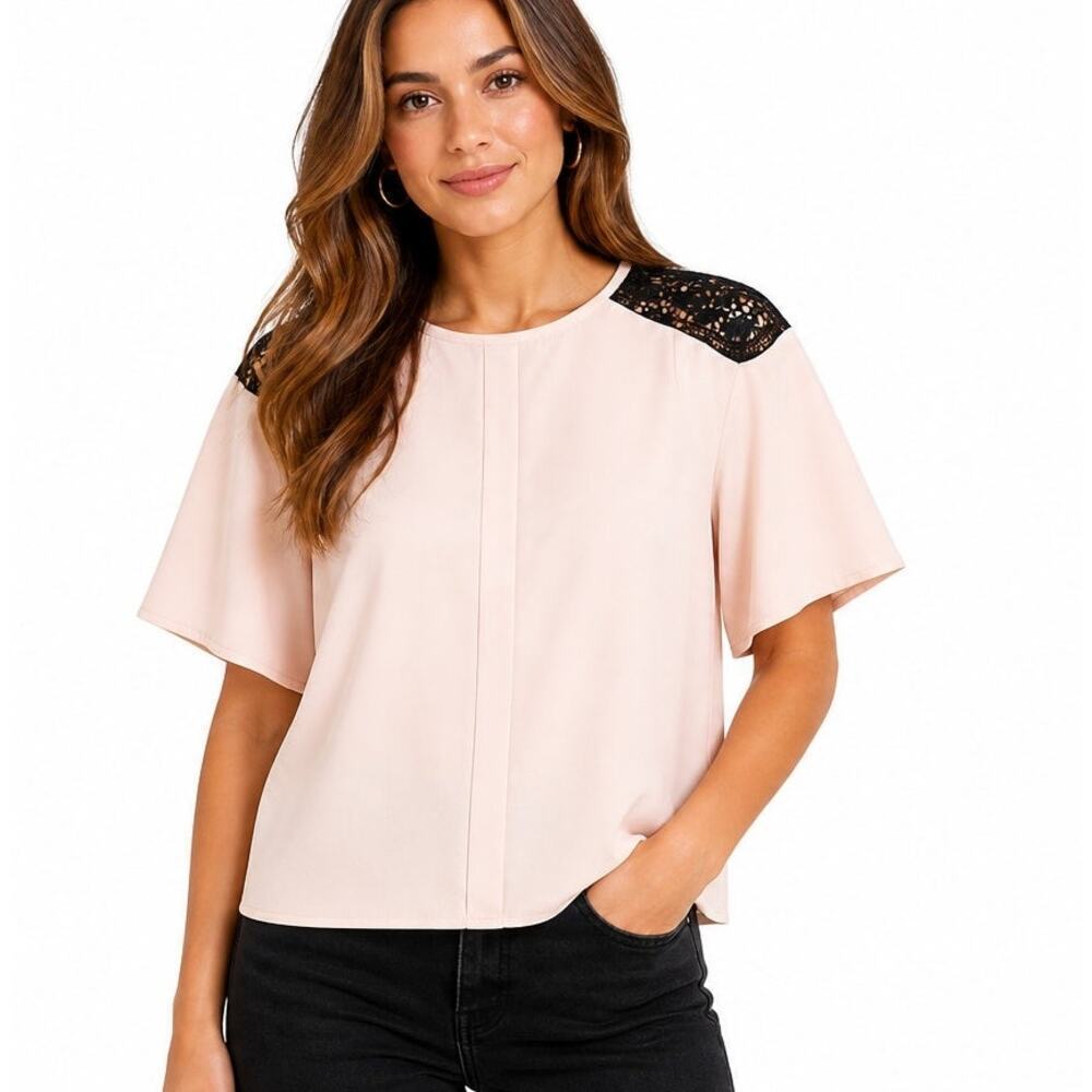 Worthington Pastel Pink RoseSmoke With Black Lace Blouse